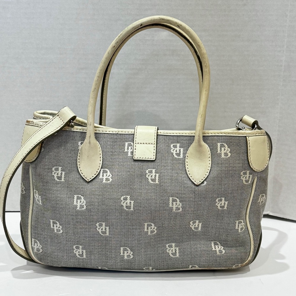 Dooney‎ & Bourke Monogram Canvas Leather Trim Satchel Bag Cream Beige Pink Liner - Picture 6 of 12